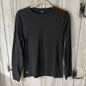 Lauren Ralph Lauren Dark Gray Long Sleeve Top Suede Elbow Patches L heritage